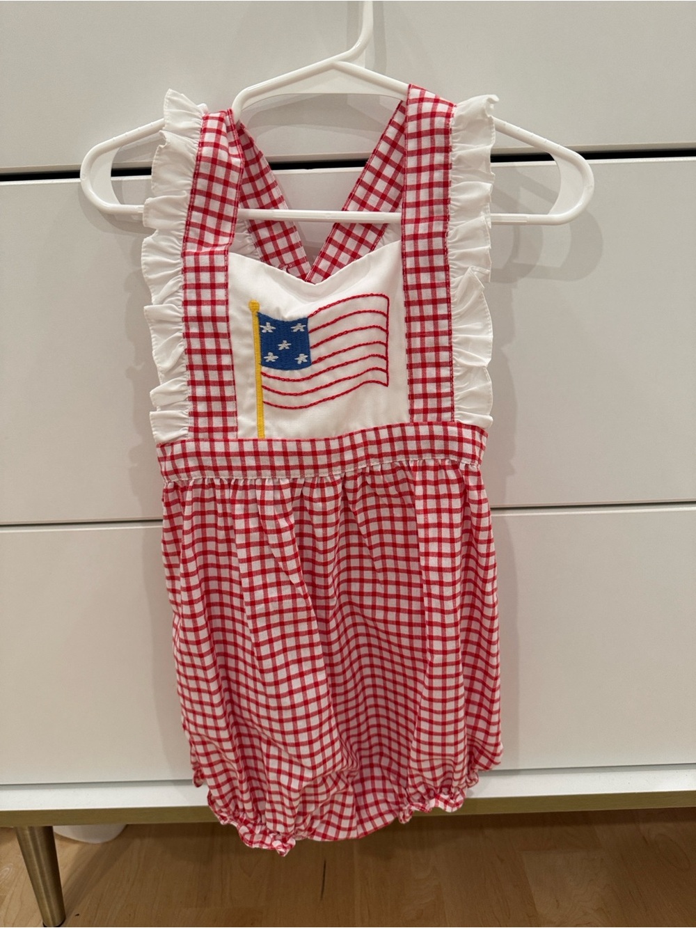 Petit Ami Red Gingham Romper with Flag Patch